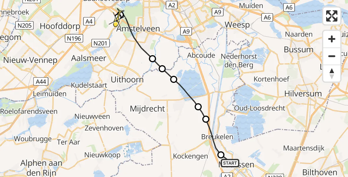 Routekaart van de vlucht: Politieheli naar Schiphol