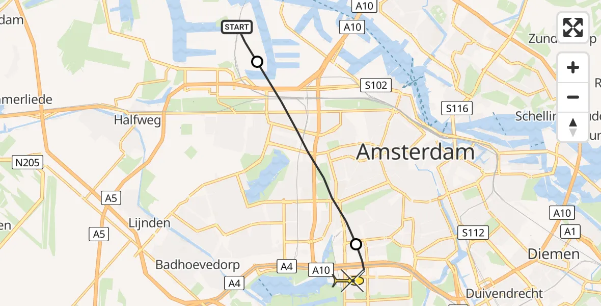 Vluchtroute Traumahelikopter van Amsterdam Heliport naar VU Medisch Centrum Amsterdam
