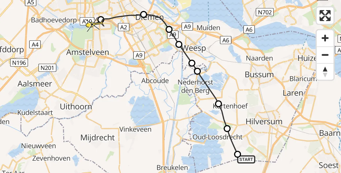 Routekaart van de vlucht: Lifeliner 1 naar VU Medisch Centrum Amsterdam