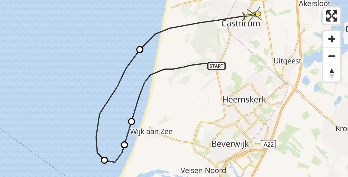 Routekaart van de vlucht: Politieheli naar Castricum