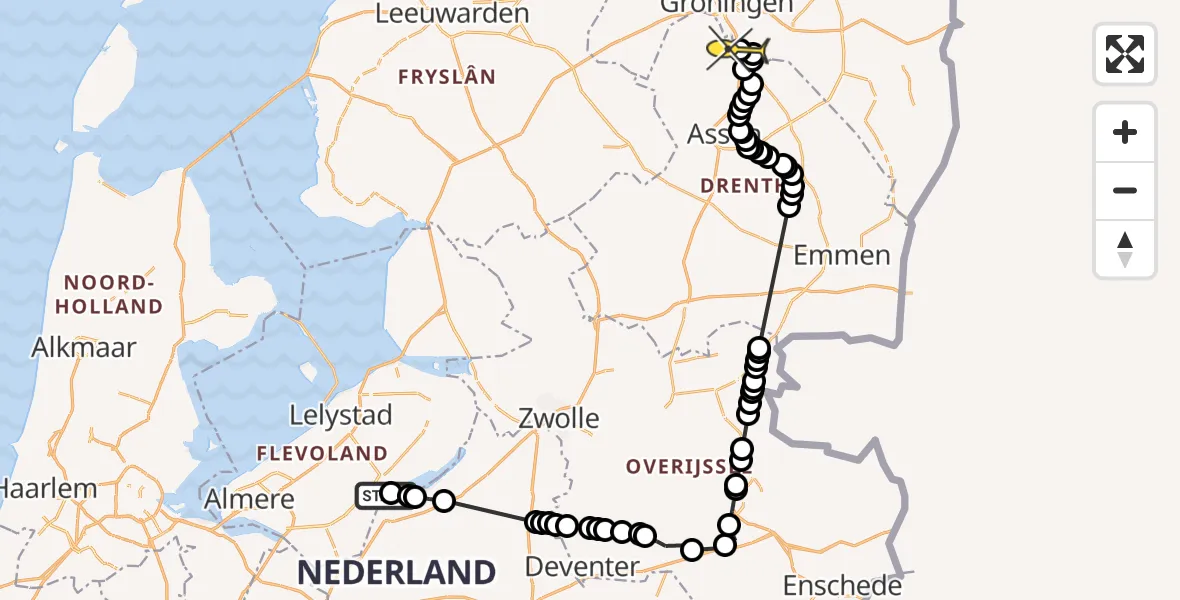 Routekaart van de vlucht: Politieheli naar Eelde