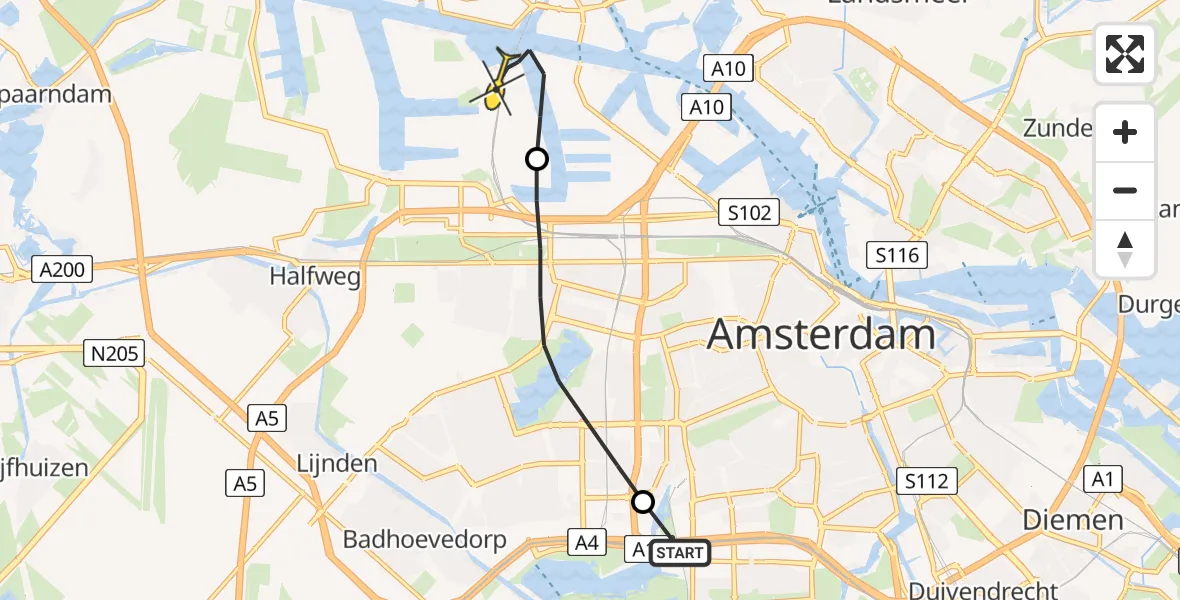 Routekaart van de vlucht: Lifeliner 1 naar Amsterdam Heliport