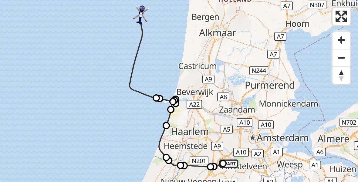 Vluchtroute Politiehelikopter van Schiphol naar 