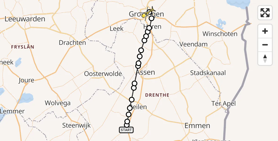 Routekaart van de vlucht: Lifeliner 4 naar Universitair Medisch Centrum Groningen