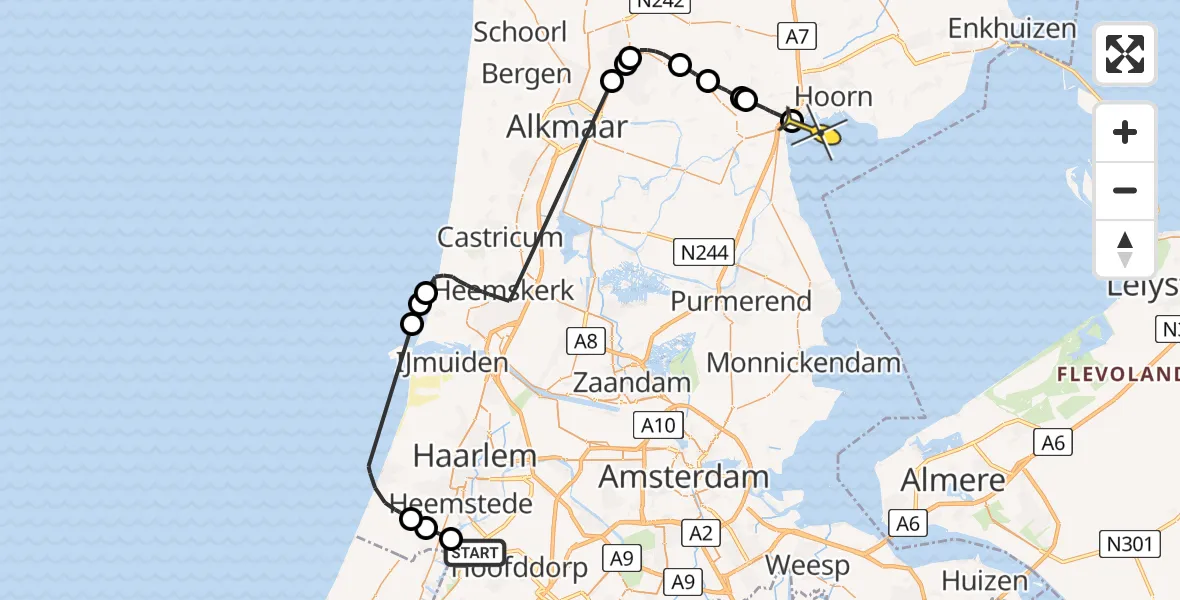 Routekaart van de vlucht: Politieheli naar Hoorn