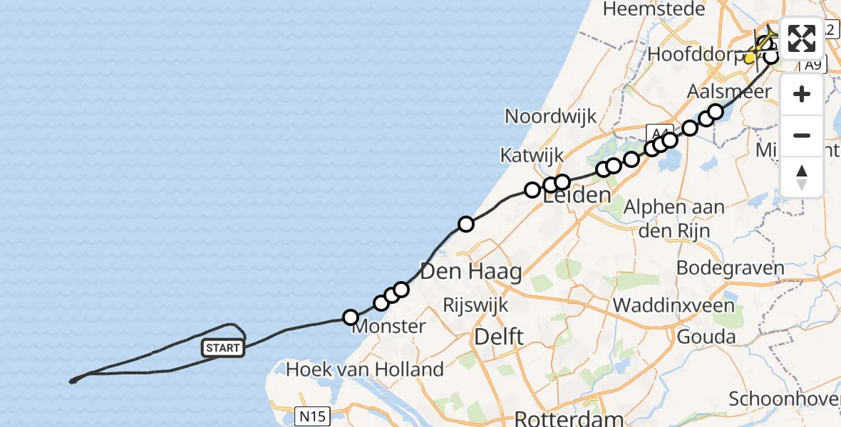 Routekaart van de vlucht: Politieheli naar Schiphol