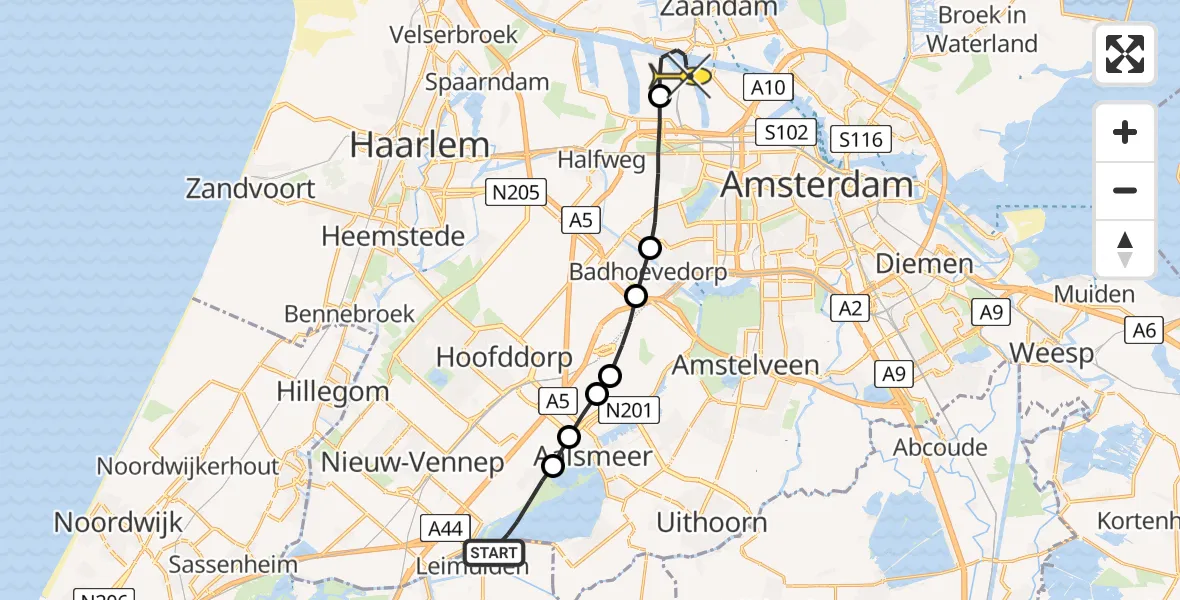 Routekaart van de vlucht: Lifeliner 1 naar Amsterdam Heliport