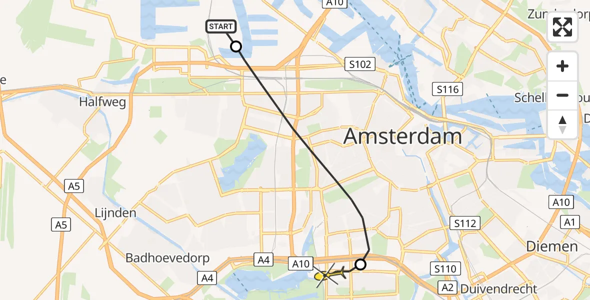 Routekaart van de vlucht: Lifeliner 1 naar VU Medisch Centrum Amsterdam