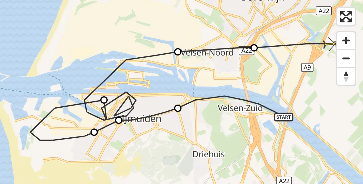 Routekaart van de vlucht: Politieheli naar Beverwijk