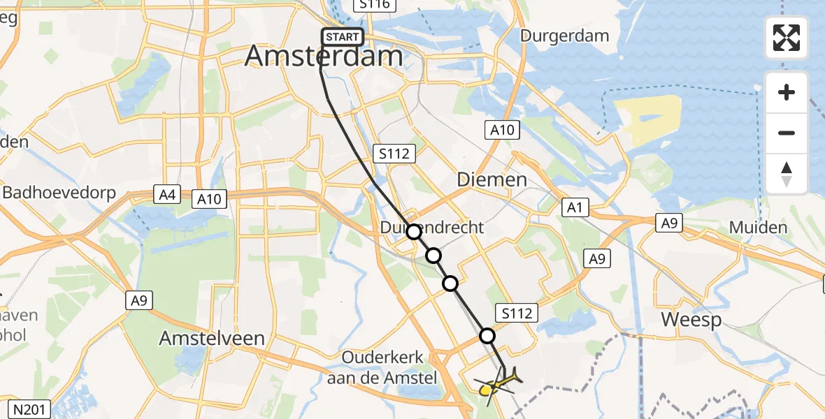 Routekaart van de vlucht: Lifeliner 1 naar Academisch Medisch Centrum (AMC)