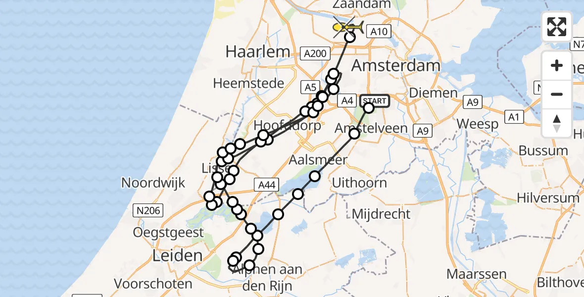 Routekaart van de vlucht: Lifeliner 1 naar Amsterdam Heliport