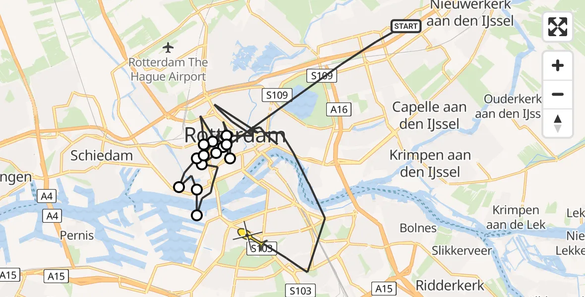 Routekaart van de vlucht: Politieheli naar Rotterdam