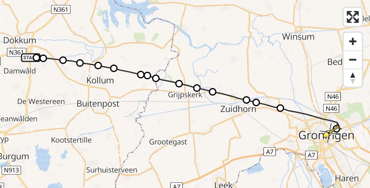 Routekaart van de vlucht: Lifeliner 4 naar Universitair Medisch Centrum Groningen