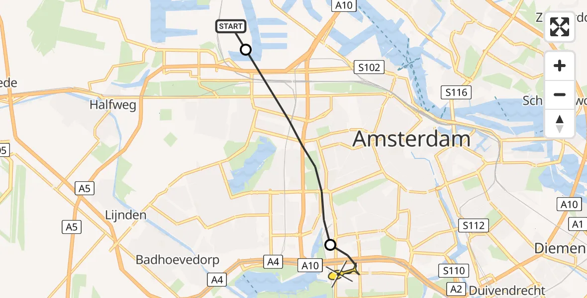 Routekaart van de vlucht: Lifeliner 1 naar VU Medisch Centrum Amsterdam