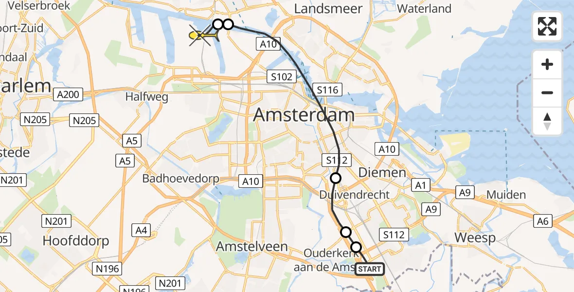 Routekaart van de vlucht: Lifeliner 1 naar Amsterdam Heliport