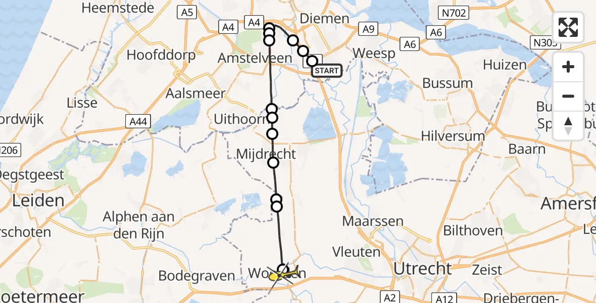 Routekaart van de vlucht: Lifeliner 1 naar Woerden