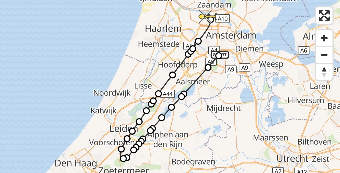 Routekaart van de vlucht: Lifeliner 1 naar Amsterdam Heliport