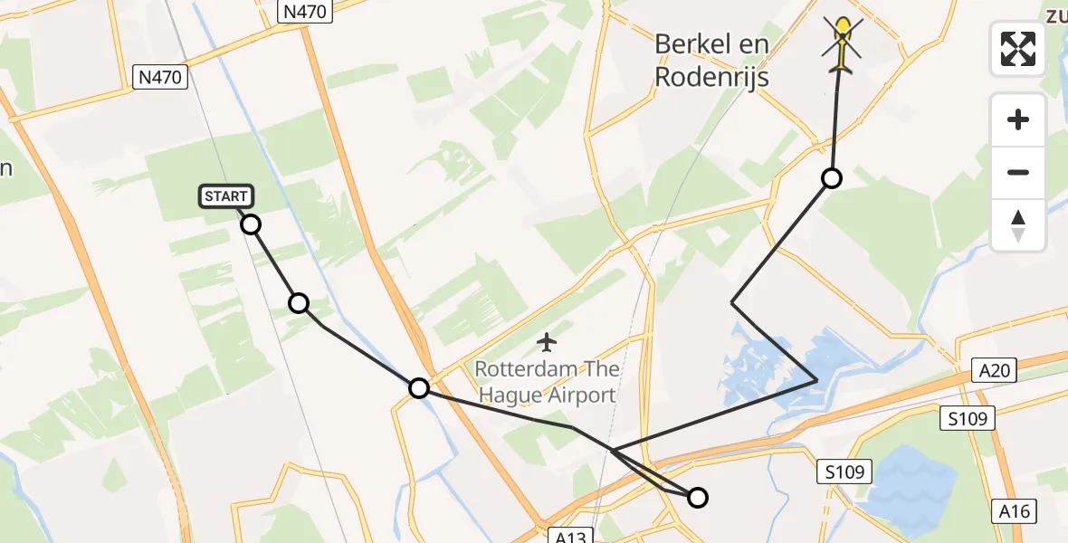 Routekaart van de vlucht: Politieheli naar Bergschenhoek