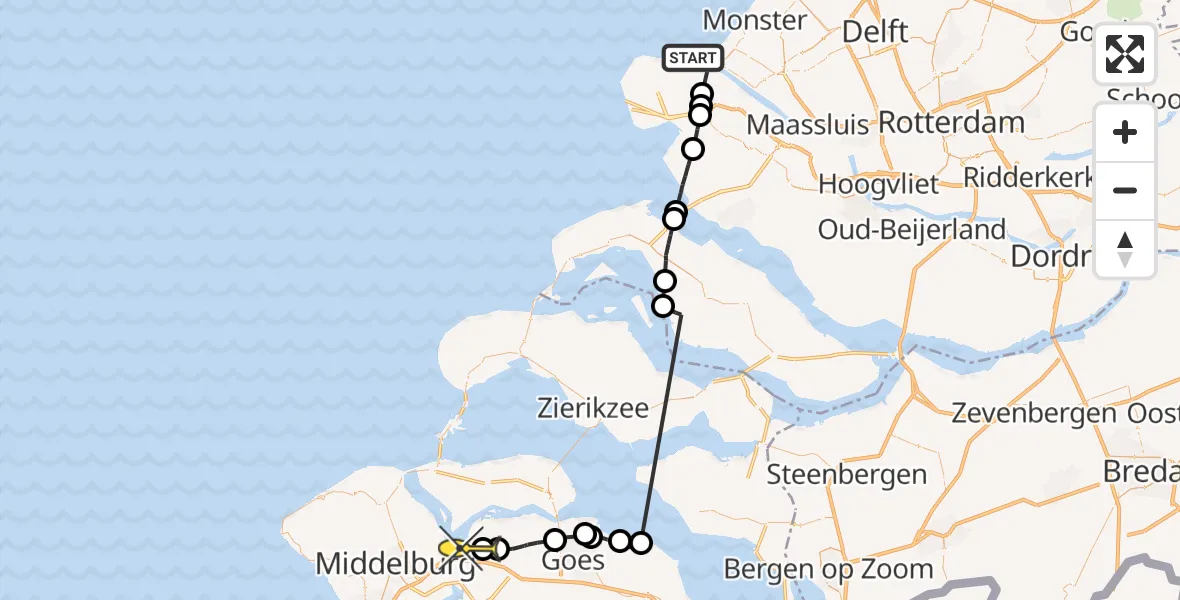 Routekaart van de vlucht: Politieheli naar Vliegveld Midden-Zeeland