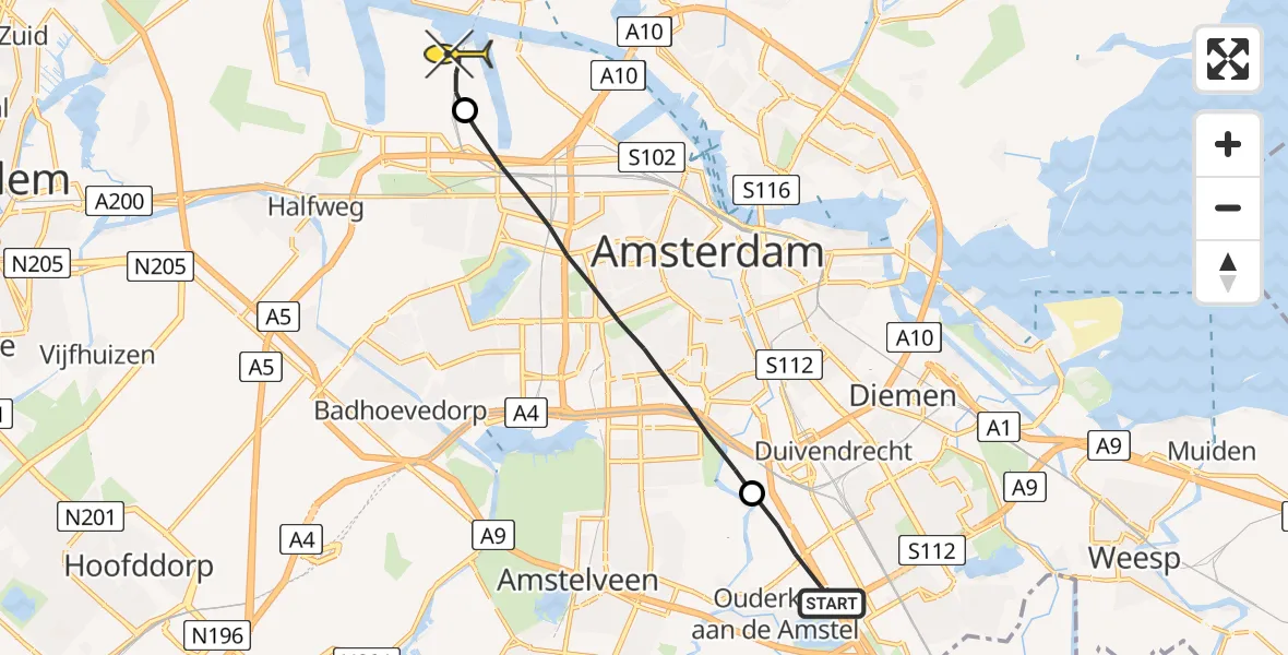 Routekaart van de vlucht: Lifeliner 1 naar Amsterdam Heliport