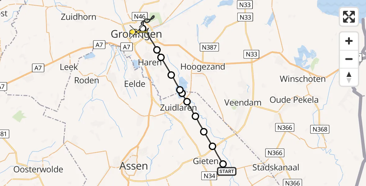 Routekaart van de vlucht: Lifeliner 4 naar Universitair Medisch Centrum Groningen