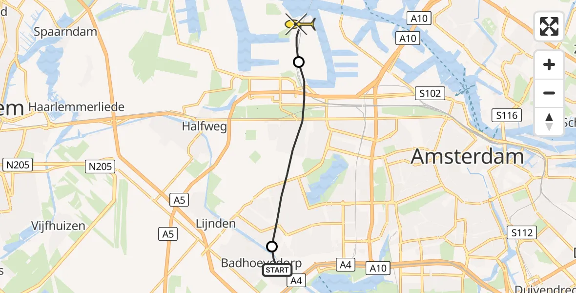 Routekaart van de vlucht: Lifeliner 1 naar Amsterdam Heliport