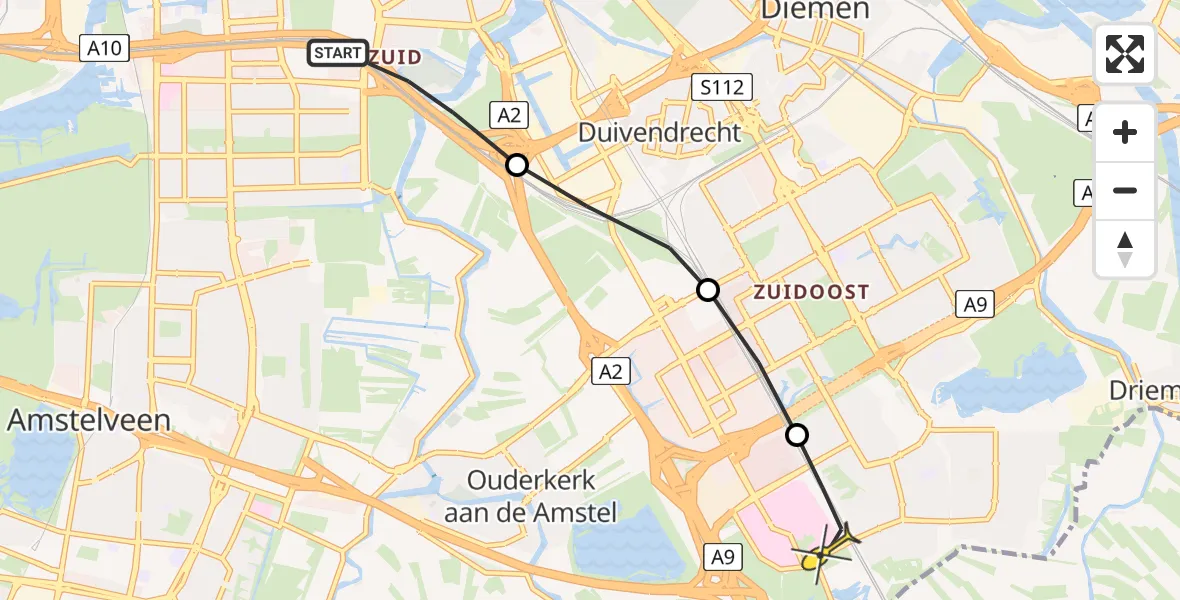 Routekaart van de vlucht: Lifeliner 1 naar Academisch Medisch Centrum (AMC)