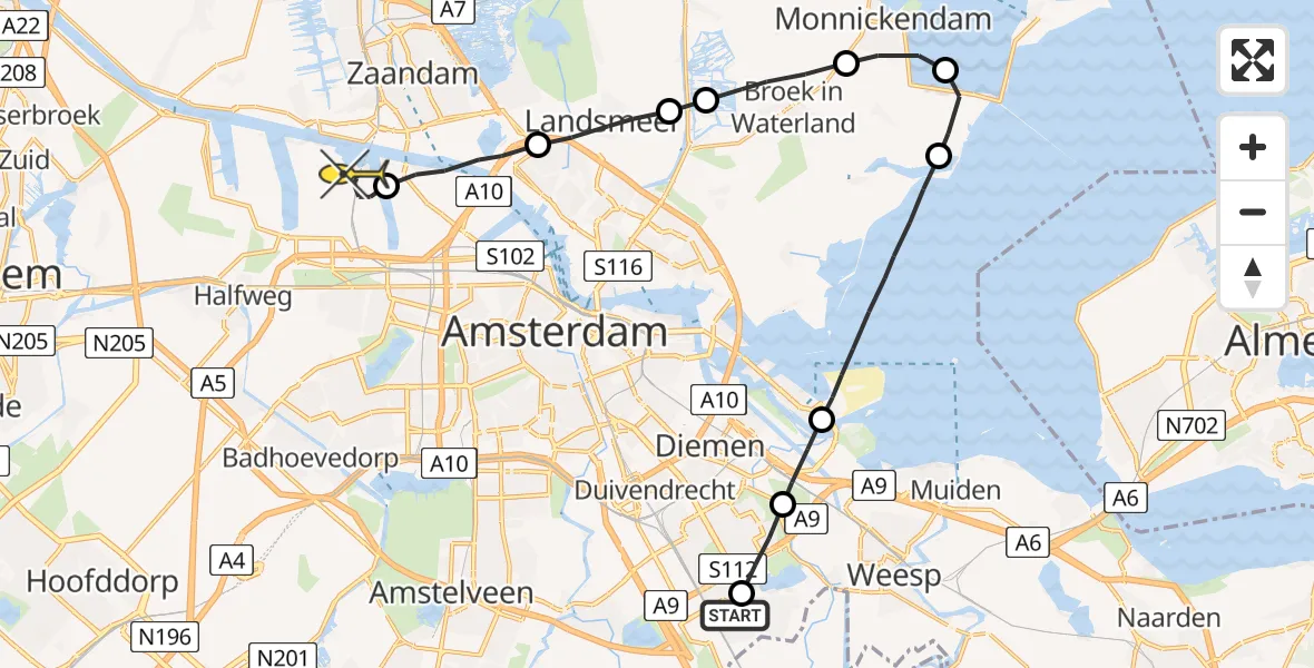 Routekaart van de vlucht: Lifeliner 1 naar Amsterdam Heliport