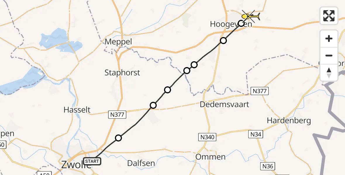 Routekaart van de vlucht: Lifeliner 4 naar Vliegveld Hoogeveen