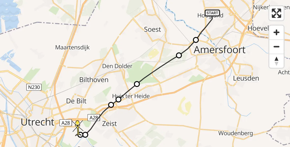 Routekaart van de vlucht: Lifeliner 1 naar Universitair Medisch Centrum Utrecht