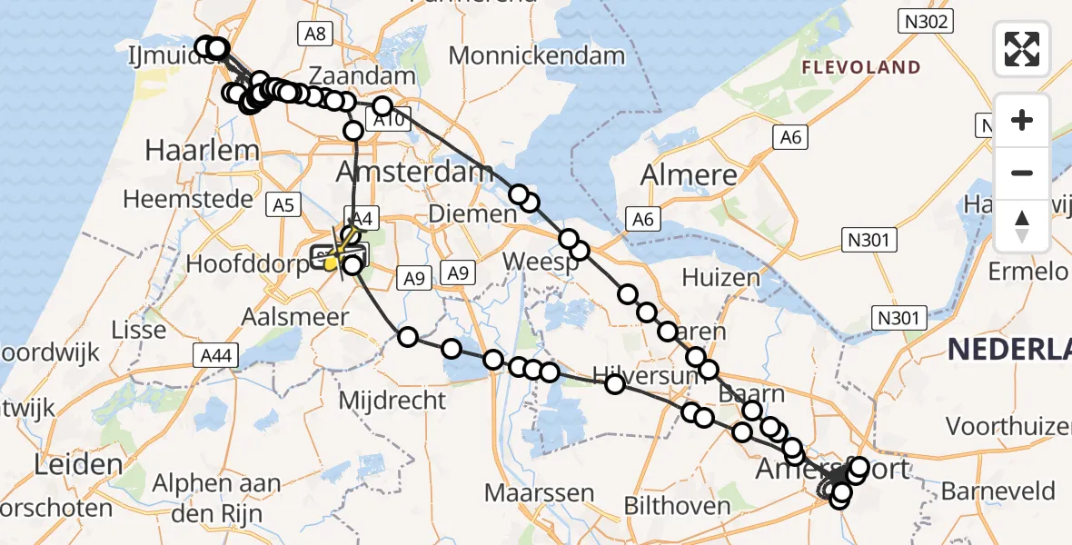 Routekaart van de vlucht: Politieheli naar Schiphol