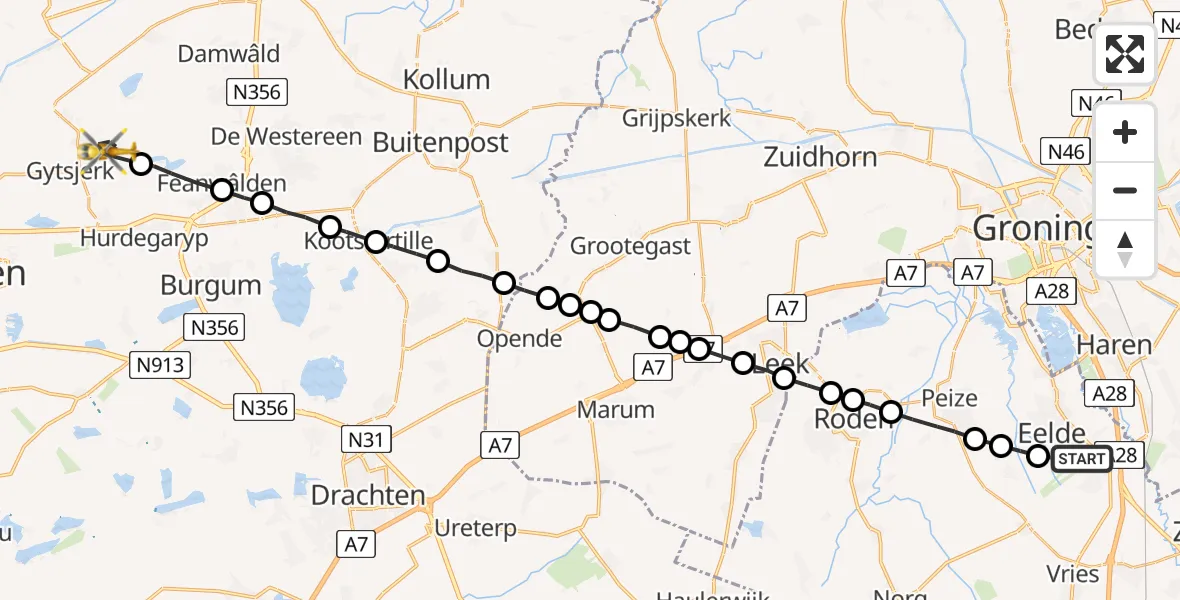 Vluchtroute Traumahelikopter Groningen Airport Eelde - Mûnein, 15 juni 2022, 08:18