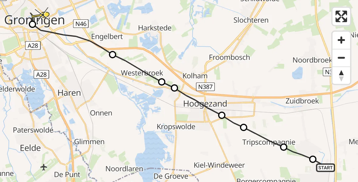 Routekaart van de vlucht: Lifeliner 4 naar Universitair Medisch Centrum Groningen