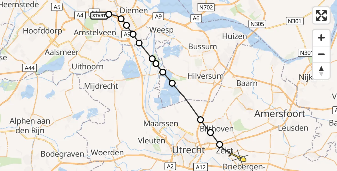 Routekaart van de vlucht: Lifeliner 1 naar Zeist