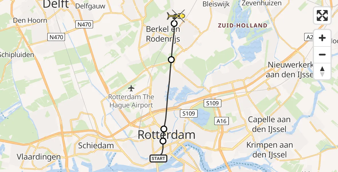 Routekaart van de vlucht: Lifeliner 2 naar Berkel en Rodenrijs