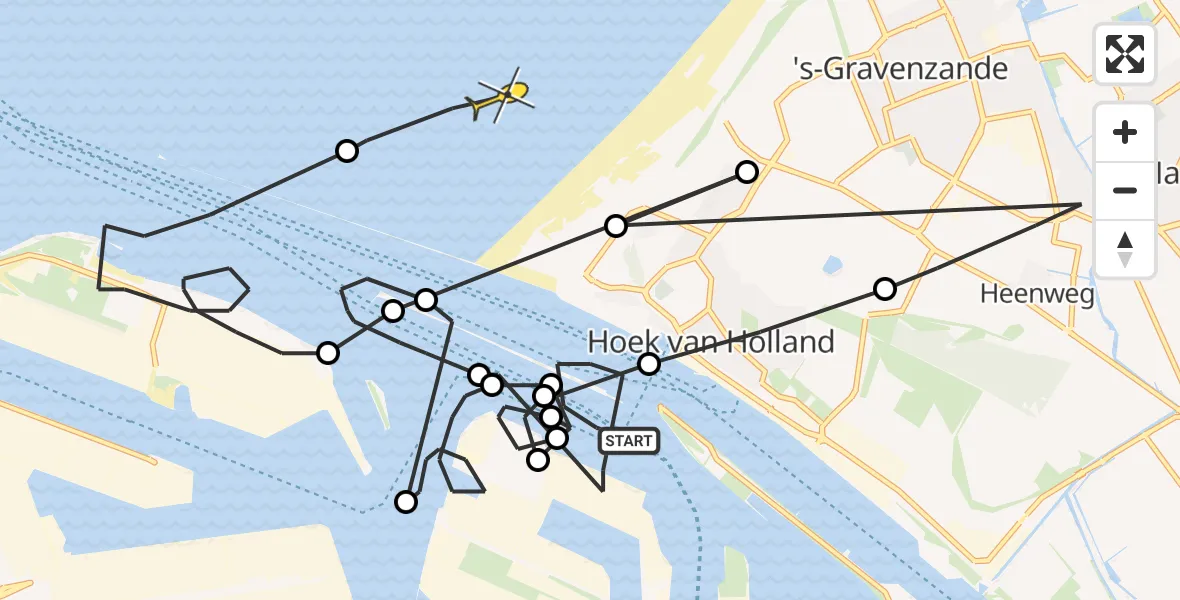 Routekaart van de vlucht: Politieheli naar Hoek van Holland