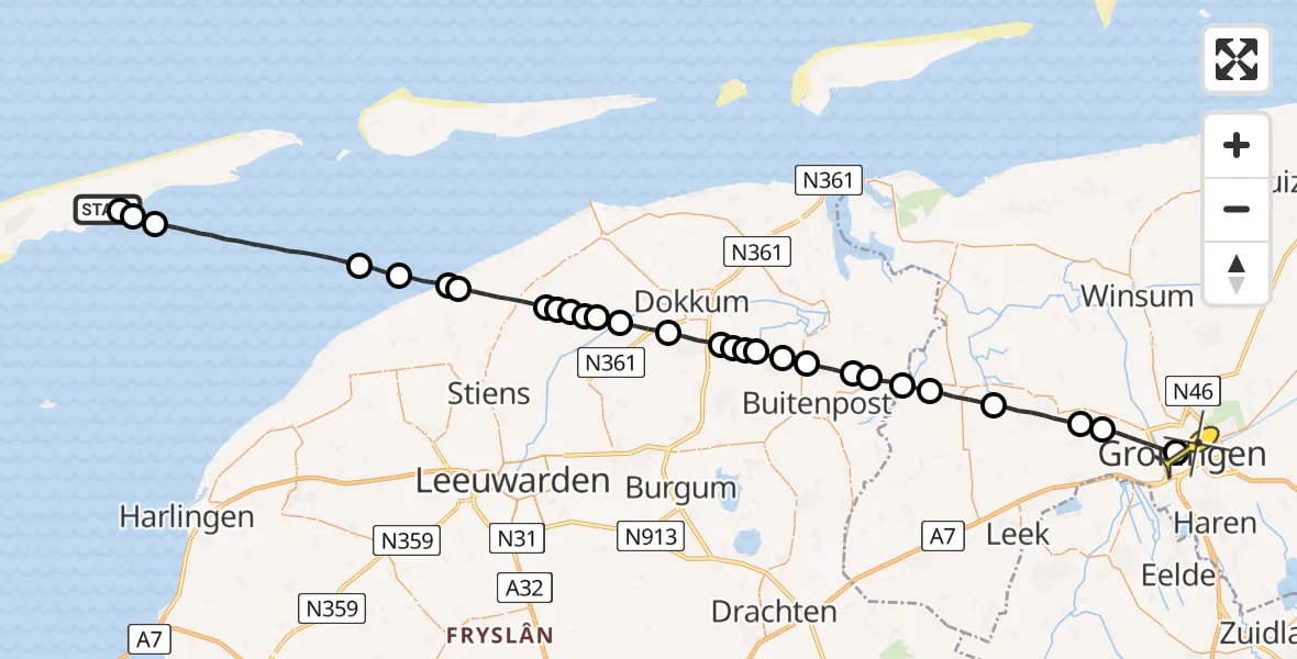 Routekaart van de vlucht: Lifeliner 4 naar Universitair Medisch Centrum Groningen