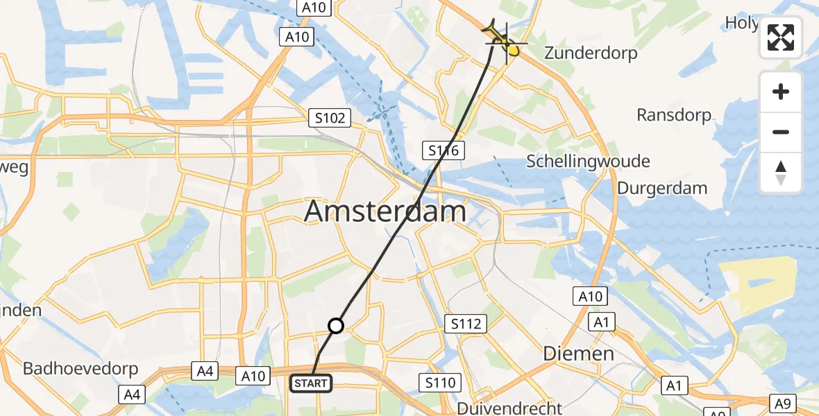 Routekaart van de vlucht: Lifeliner 1 naar Amsterdam