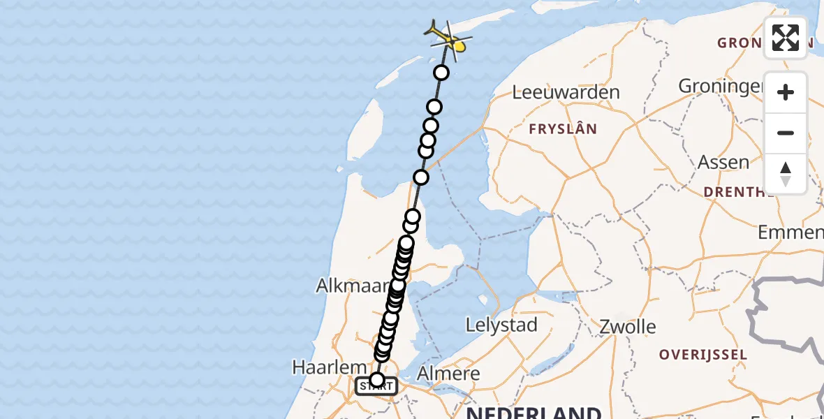 Routekaart van de vlucht: Lifeliner 1 naar West-Terschelling