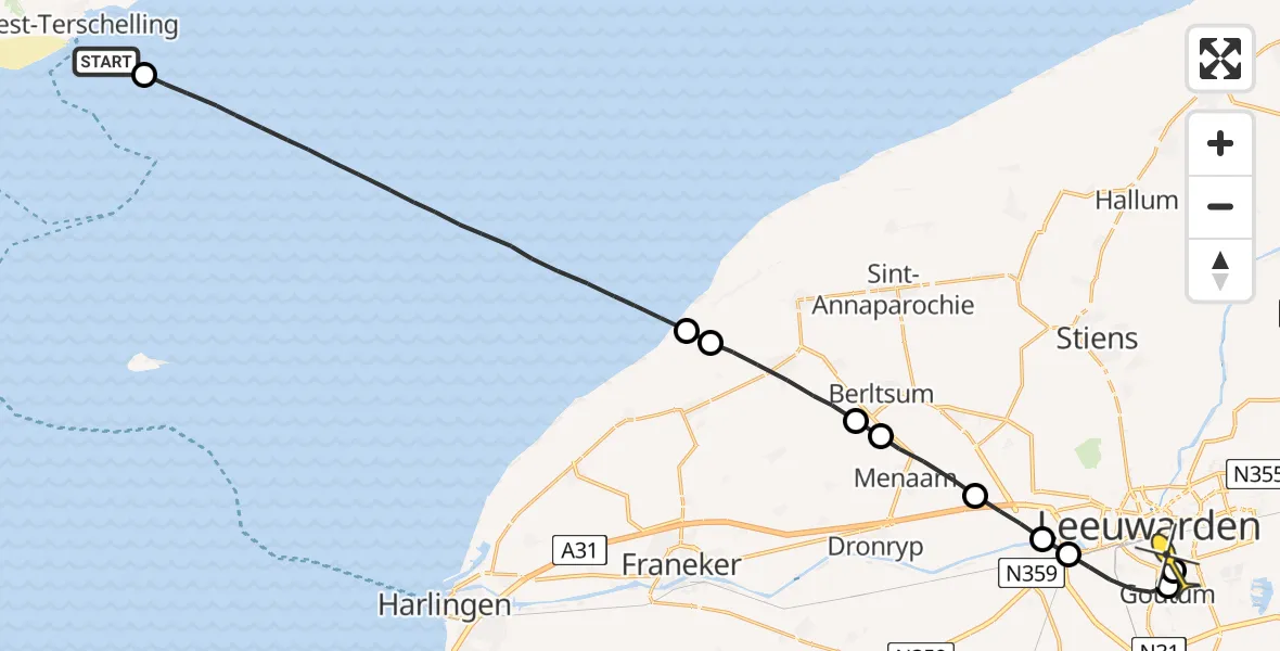 Routekaart van de vlucht: Lifeliner 1 naar Leeuwarden