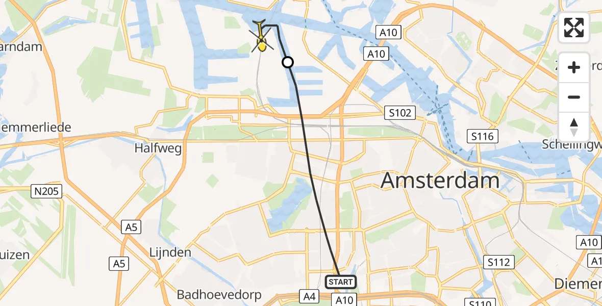 Routekaart van de vlucht: Lifeliner 1 naar Amsterdam Heliport