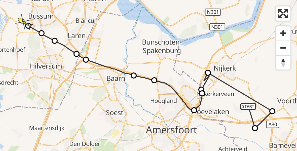 Routekaart van de vlucht: Politieheli naar Hilversum