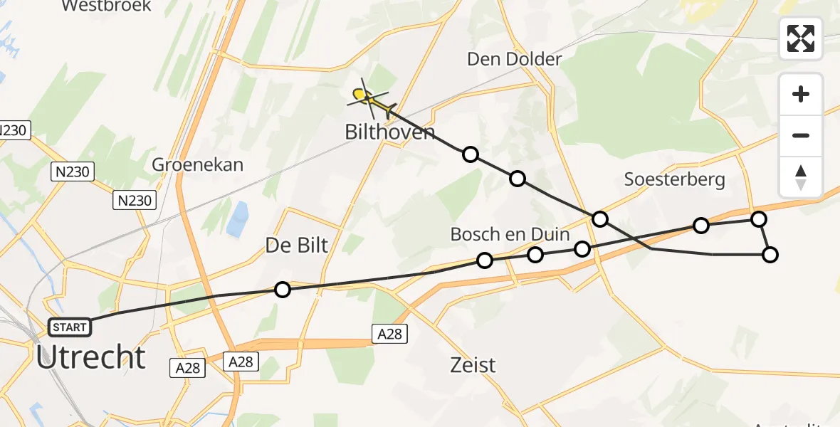 Routekaart van de vlucht: Politieheli naar Bilthoven