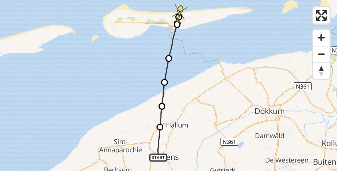 Routekaart van de vlucht: Ambulancehelikopter naar Buren