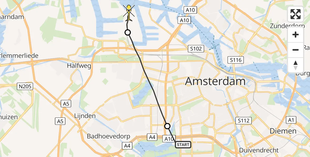 Routekaart van de vlucht: Lifeliner 1 naar Amsterdam Heliport