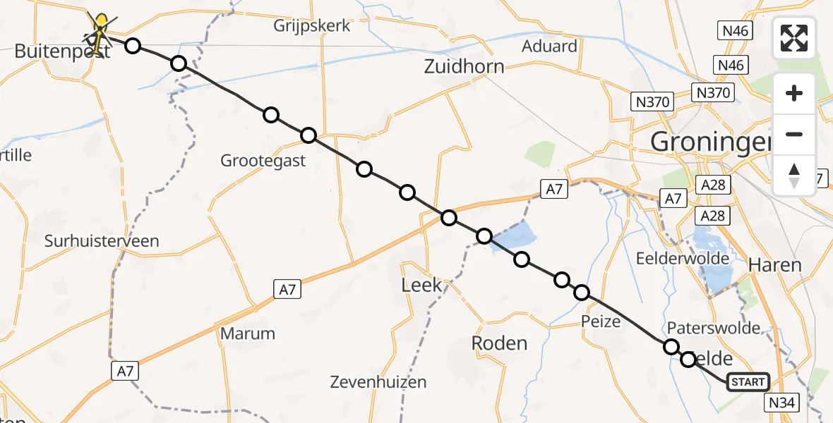 Routekaart van de vlucht: Lifeliner 4 naar Buitenpost