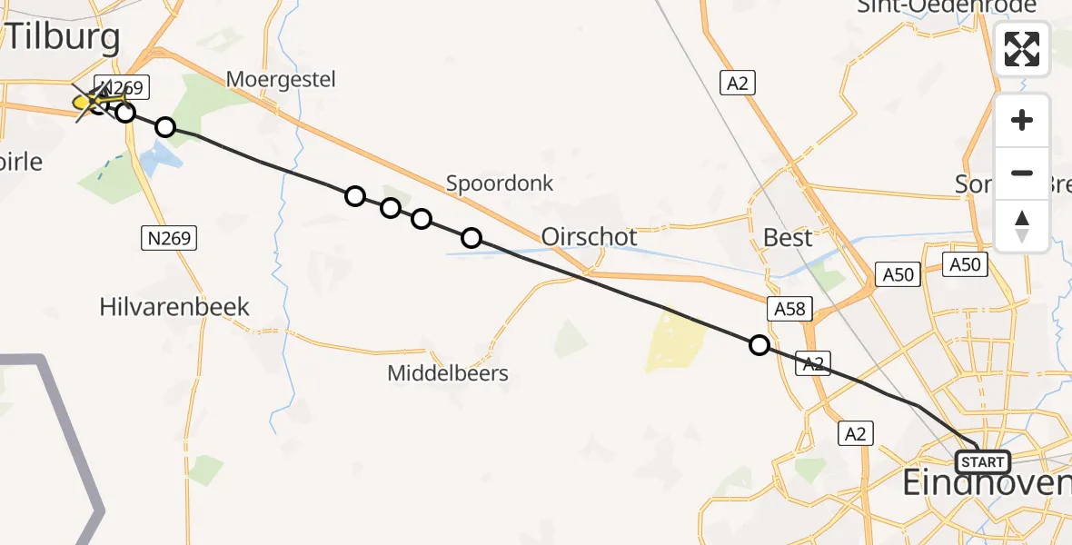 Routekaart van de vlucht: Lifeliner 2 naar Tilburg