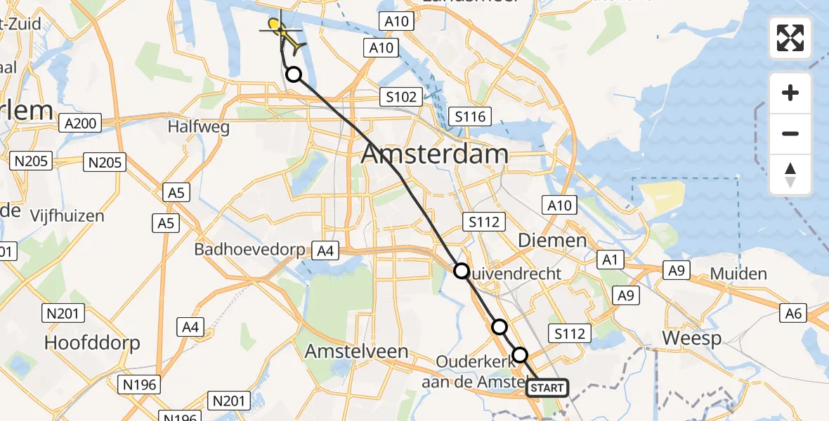 Routekaart van de vlucht: Lifeliner 1 naar Amsterdam Heliport