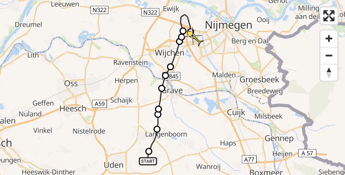 Routekaart van de vlucht: Politiehelikopter naar Nijmegen