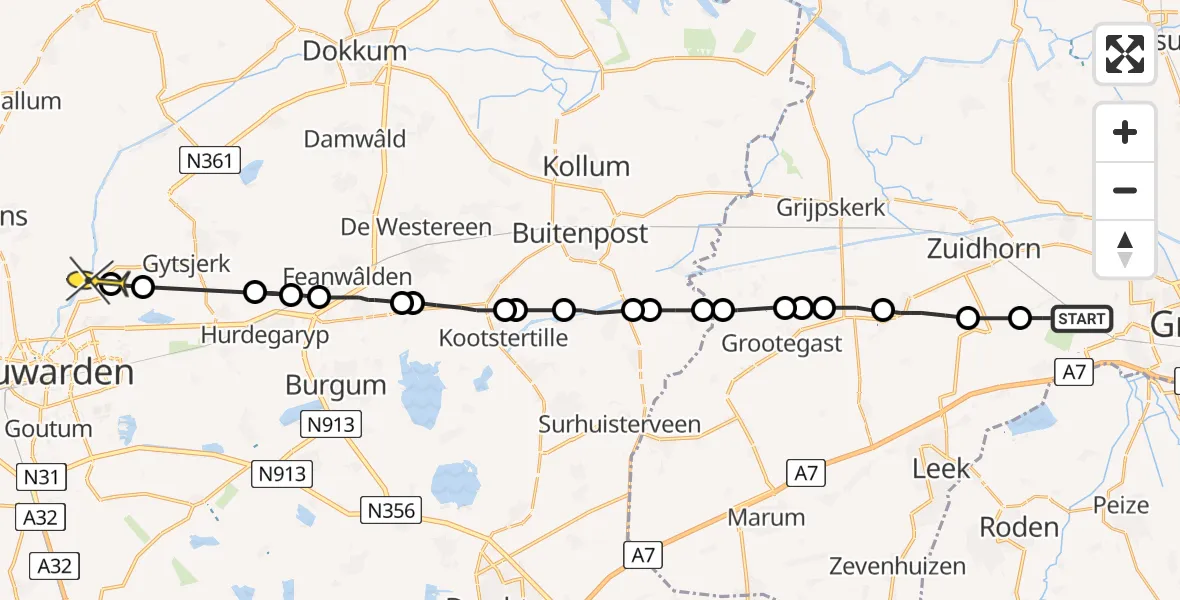 Routekaart van de vlucht: Ambulancehelikopter naar Miedum